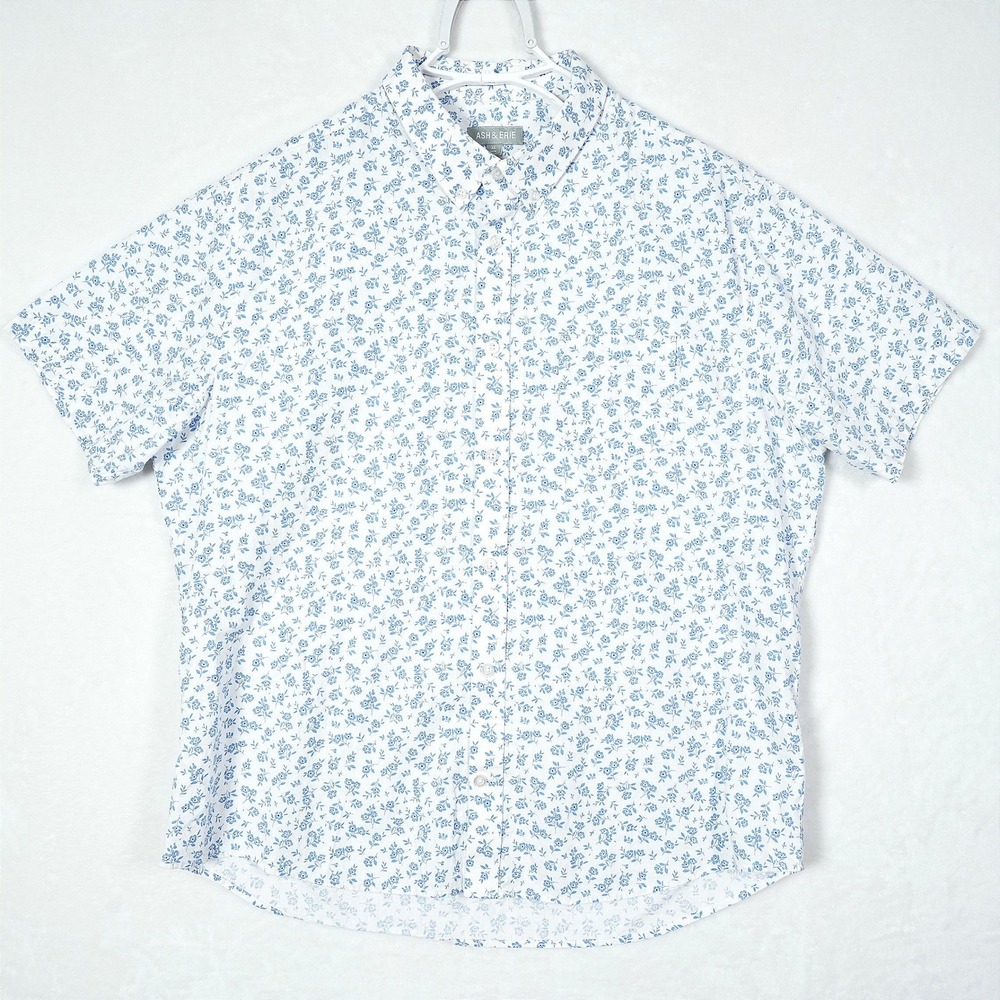 Ash & Erie Mens XL Slim Short Sleeve Floral Button Down Shirt Blue White Cotton - Picture 2 of 8